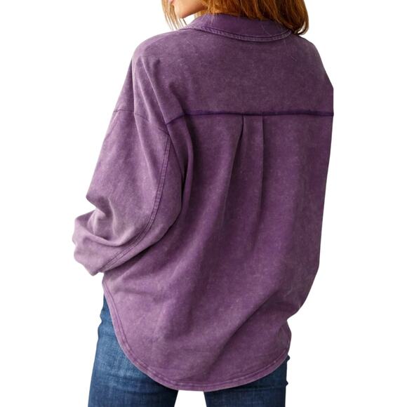 White Birch Purple Mineral Wash Velvet Trim Sequis Button Up Relaxed Shacket - Picture 4 of 16